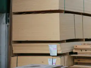 Boards stacked in a warehouse