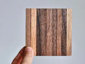 Hand holding a wood-grain laminate sample