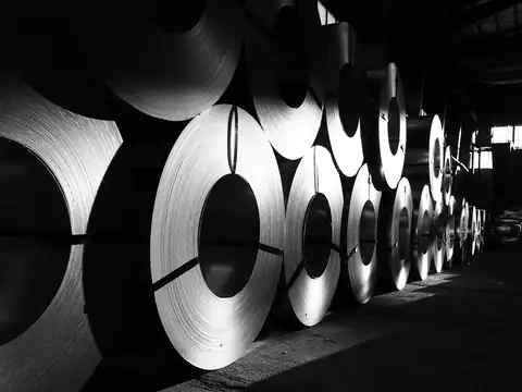 Rolls of steel wire in a warehouse