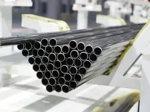Bundle of steel pipes stacked on a rack