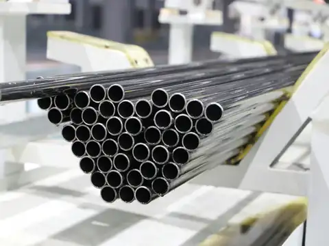 Bundle of steel pipes stacked on a rack